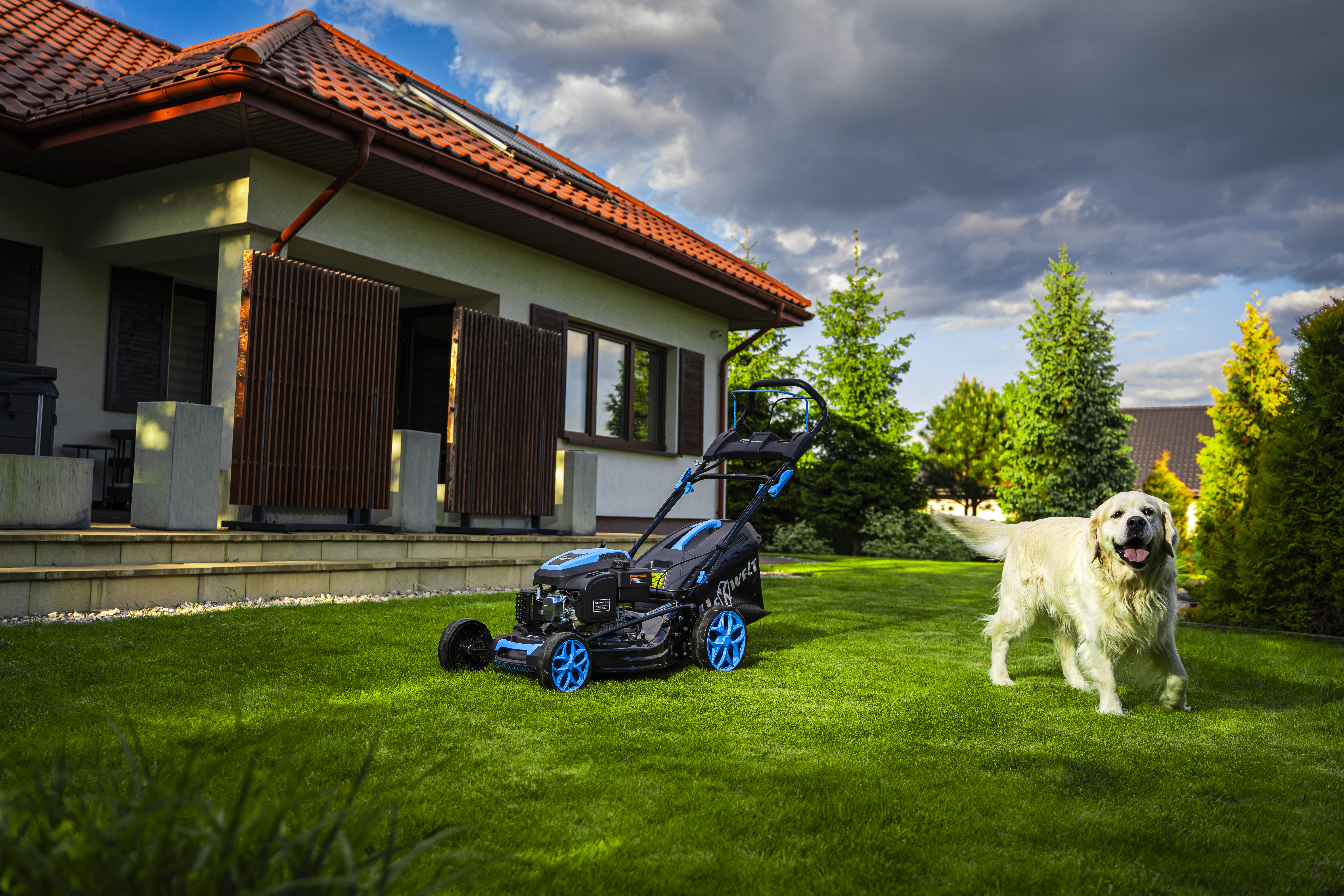 Mașina de tuns iarba Hexwelt văzută din lateral