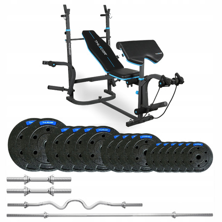 Set de culturism 57,5 kg cu bancă VIGOR-B marca THUNDER și bară EZ puternic curbată