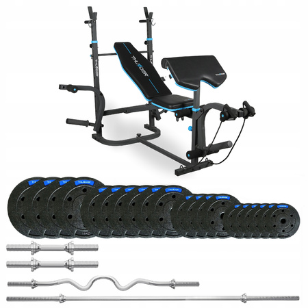Set de culturism 87,5 kg cu bancă VIGOR-B marca THUNDER și bară EZ puternic curbată