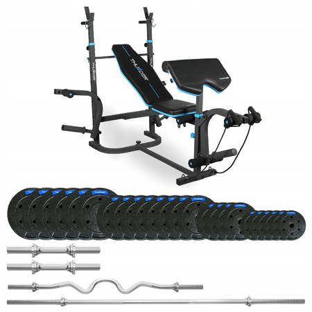 Set de culturism 117,5 kg cu bancă VIGOR-B marca THUNDER și bară EZ puternic curbată